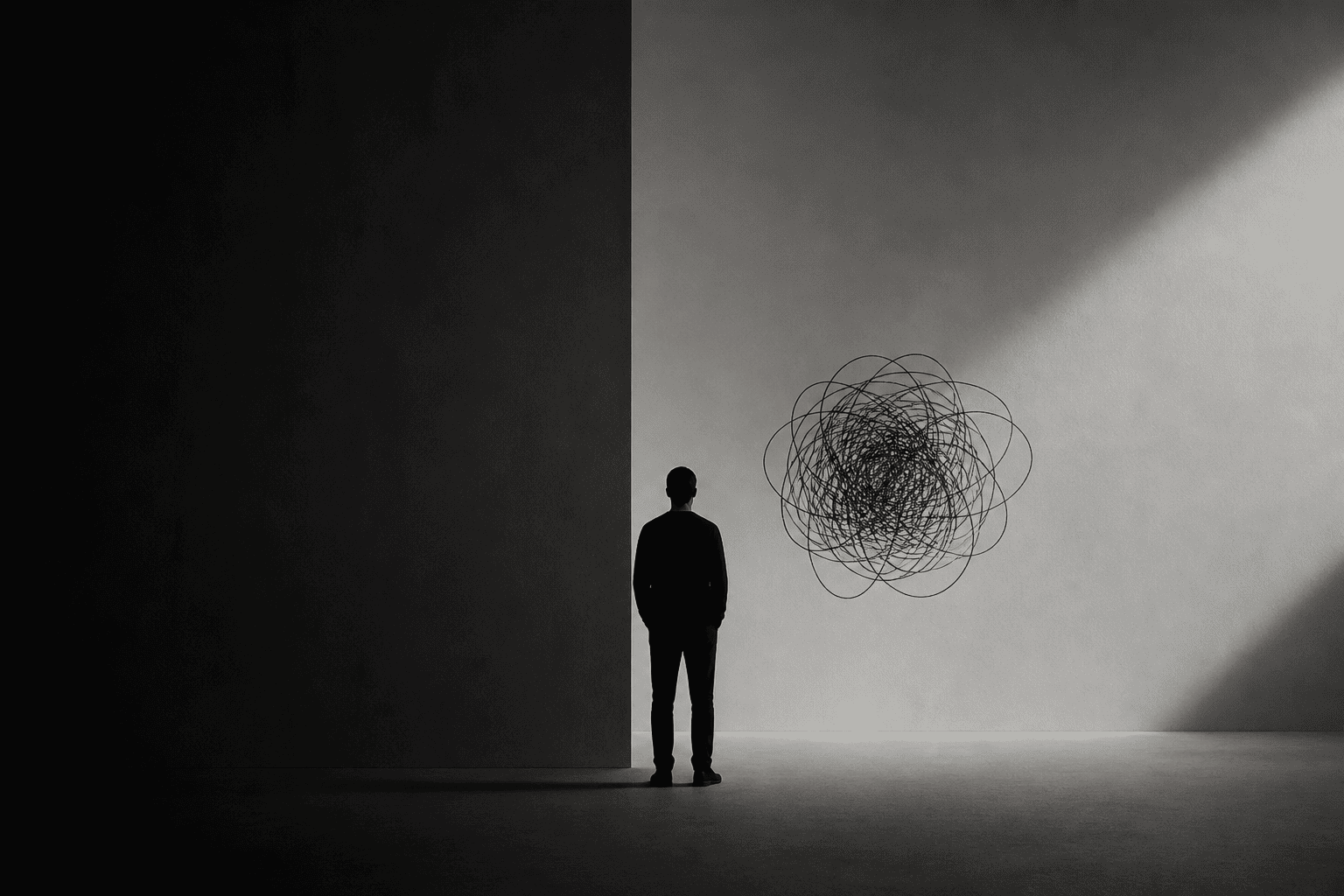 Persona de pie frente a una figura caótica en blanco y negro, representando pensamientos repetitivos y necesidad de control